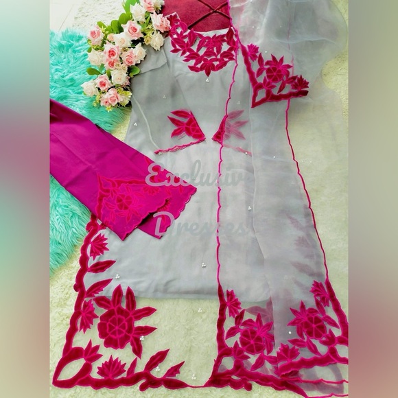Custom made maslin organza Elegant Pink and Gray selwar suit with cutwork design - Picture 1 of 3